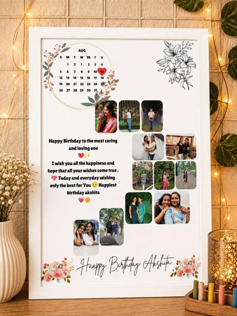 White Floral Personalized Birthday Photo Frame with Calendar and Custom Photos | Crafted Frames