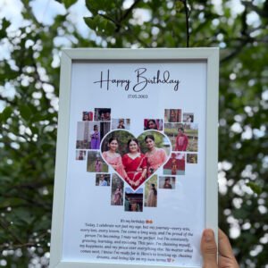 Personalized heart collage birthday photo frame with custom photos and white border frame