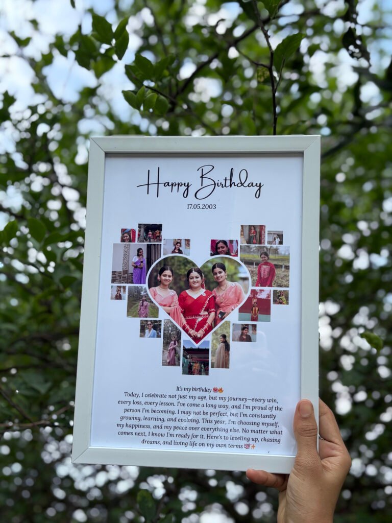 Personalized heart collage birthday photo frame with custom photos and white border frame