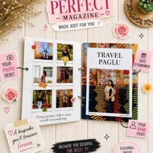 Personalized travel magazine featuring custom travel photos, memories, name and date